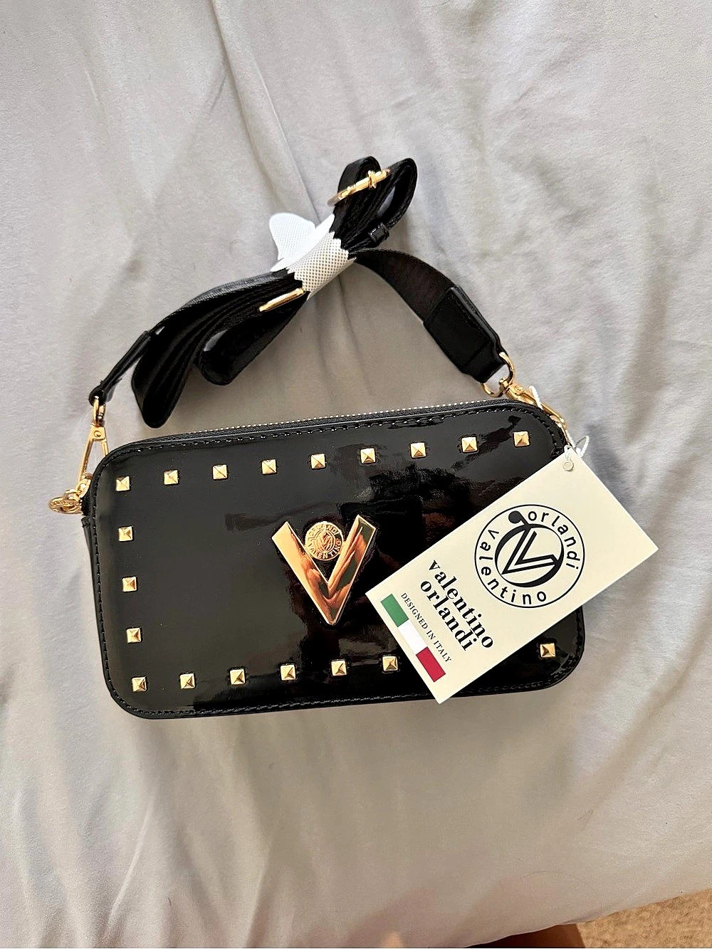 Valentino Orlandi Black Patent Studded Crossbody Bag NWT